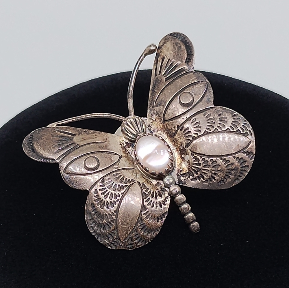 Vintage Herbert Tsosie Navajo 1960s Sterling Silver Opal Butterfly Brooch Pin